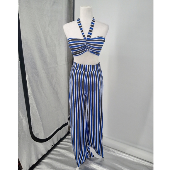 Blue Striped Strapless Bandeau Top and High Waist Wide Leg Pants Two Piece Set - Picture 5 of 8
